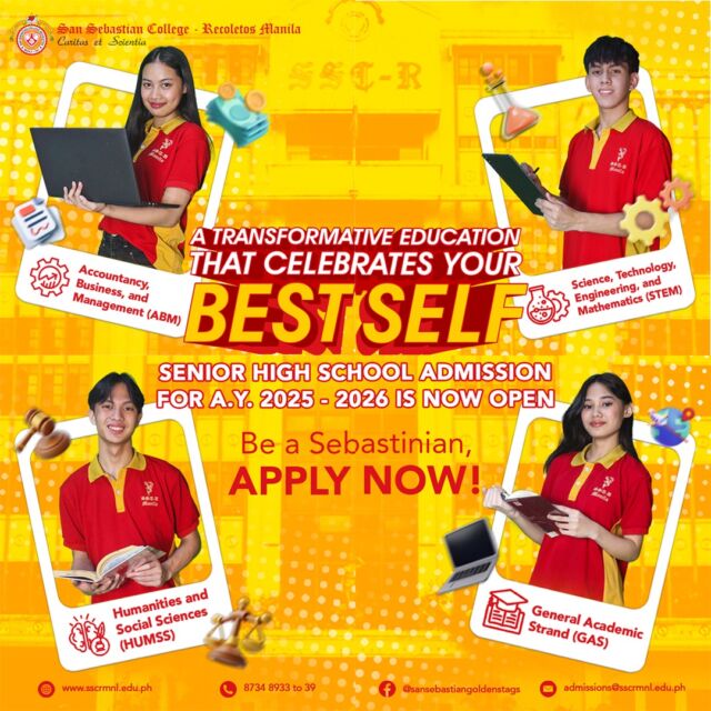 𝐒𝐄𝐍𝐈𝐎𝐑 𝐇𝐈𝐆𝐇 𝐒𝐂𝐇𝐎𝐎𝐋 𝐀𝐃𝐌𝐈𝐒𝐒𝐈𝐎𝐍𝐒 𝐅𝐎𝐑 𝐀.𝐘. 𝟐𝟎𝟐𝟓-𝟐𝟎𝟐𝟔 𝐈𝐒 𝐍𝐎𝐖 𝐎𝐏𝐄𝐍!

The Senior High School department is now accepting applications for New Students for First Semester - A.Y. 202​5-202​6.

At SSC-R, we provide a transformative education designed to unlock your true potential. Our graduates emerge as globally competitive and socially responsible leaders, ready to make a difference in the world.

Rooted in the Augustinian Recollect Values, our holistic approach emphasizes the integral development of each individual. We cultivate not only academic excellence but also moral and spiritual growth, ensuring that our students become well-rounded builders of communion. 

Be a Sebastianian. Apply Now!

​APPLICATION LINK:
Senior High School:  https://bit.ly/SSCRMNLSHSAdmissionsApplicationForm2025-2026 

San Sebastian College Recoletos-Manila (SSC-R) offers the following programs in Senior High School:

SHS STRANDS (All with Tesda Certification)
1. Science, Technology, Engineering, and Mathematics Strand (STEM)
2. Humanities and Social Sciences Strand (HUMSS)
3. Accountancy, Business and Management Strand (ABM) with specializations in:
- Hotel & Restaurant Entrepreneurship
- Tour & Travel Entrepreneurship
- Service Management
- Accounting and Merchandising
4. General Academic Strand (GAS) with specializations in:
- Culinary Arts
- Animation
- Tour & Travel
- Web Development
For further inquiries, connect with us at any of the following channels: 
www.sscrmnl.edu.ph/admissions
admissions@sscrmnl.edu.ph
8734 8933 to 39

Thank you & Bravo Baste! 

#BravoBaste
#SSCRMNL 
#Admissions
#AdmissionsOpen