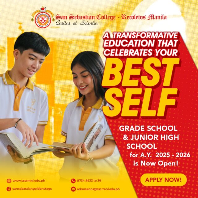 𝐆𝐑𝐀𝐃𝐄 𝐒𝐂𝐇𝐎𝐎𝐋 𝐀𝐍𝐃 𝐉𝐔𝐍𝐈𝐎𝐑 𝐇𝐈𝐆𝐇 𝐒𝐂𝐇𝐎𝐎𝐋 𝐀𝐃𝐌𝐈𝐒𝐒𝐈𝐎𝐍𝐒 𝐅𝐎𝐑 𝐀.𝐘. 𝟐𝟎𝟐𝟓-𝟐𝟎𝟐𝟔 𝐈𝐒 𝐍𝐎𝐖 𝐎𝐏𝐄𝐍!

San Sebastian College-Recoletos, Manila - Grade School and Junior High School are now accepting applications of New Students for the First Semester - A.Y. 202​5-202​6.

At SSC-R, we provide a transformative education designed to unlock your child’s true potential. Our graduates emerge as globally competitive and socially responsible leaders, ready to make a difference in the world.

Rooted in the Augustinian Recollect Values, our holistic approach emphasizes the integral development of each individual. We cultivate not only academic excellence but also moral and spiritual growth, ensuring that our students become well-rounded builders of communion.

Be a Staglet, Be a Sebastian. Apply Now!

APPLICATION LINKS:
Grade School:  https://bit.ly/SSCRMNLGSAdmissionsApplicationForm2025-2026 
Junior High School:  https://bit.ly/SSC-RMnlJHSAdmissionsApplicationForm2025-2026

For further inquiries, connect with us at any of the following channels:
www.sscrmnl.edu.ph/admissions
gradeschool@sscrmnl.edu.ph
juniorhighschool@sscrmnl.edu.ph
8734 8933 to 39 local 185

Thank you & Bravo Baste!

#BravoBaste
#SSCRMNL 
#Admissions
#AdmissionsOpen